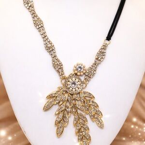 Gold Tone Rhinestone Leaf Statement Necklace Black Cord Boho Glam Pendant